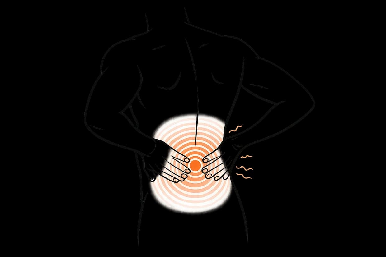 Illustration of a person holding their lower back, with concentric coral rings showing the pain area